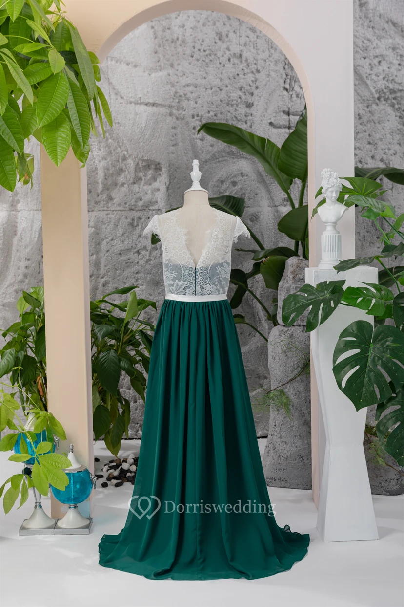 Chiffon White and Dark Green Lace Floor-length Flowergirl Dress view 2