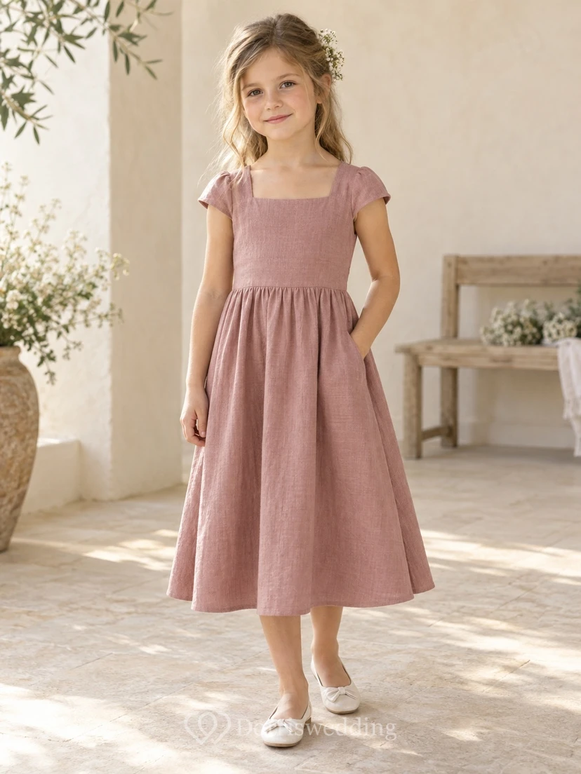 Square Neck Simple Tea-length Dusty Rose Cap Sleeve Linen Flower Girl Dress
