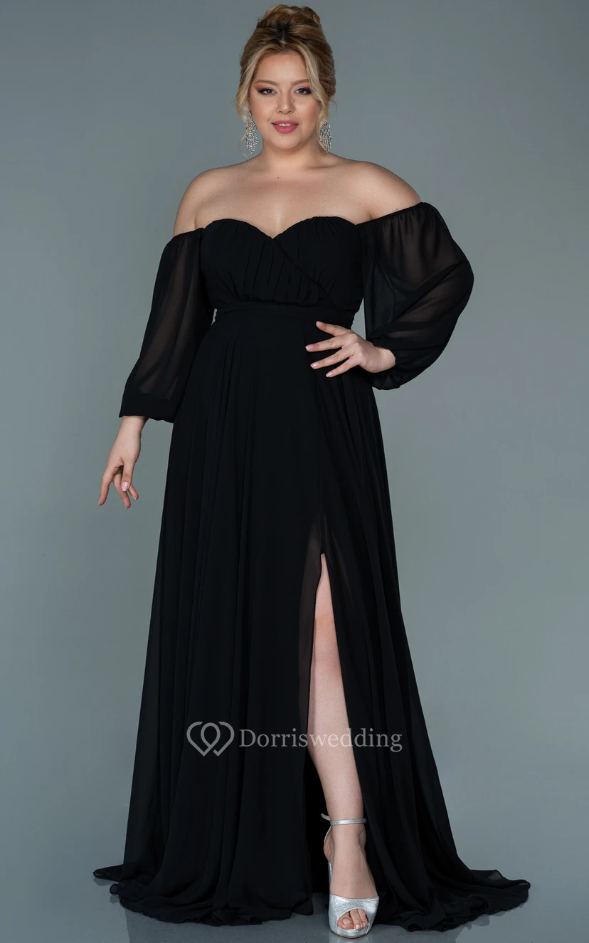 Off-the-shoulder Sweetheart Empire Plus Size Chiffon Front Split Evening Dress view 11