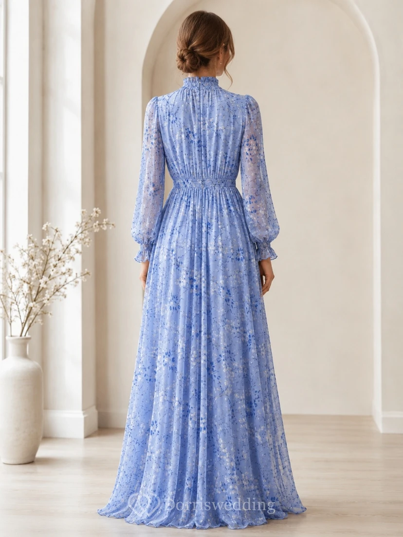 Blue Floral Chiffon High Neck Long Sleeve Floor-Length A-Line Dress view 2