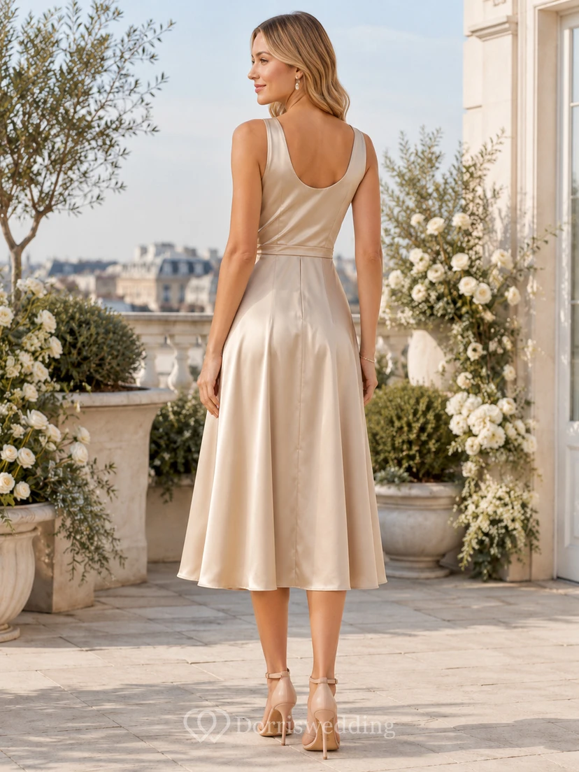 Pearl Knot Champagne A-Line Tea-Length V-Neck Sleeveless Satin Elegant Cocktail Dress view 2