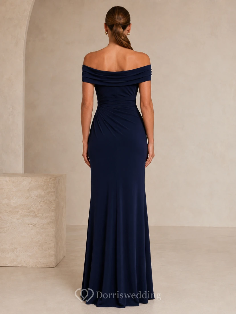 Dark Navy Off Shoulder Draped Column Formal Dress view 2