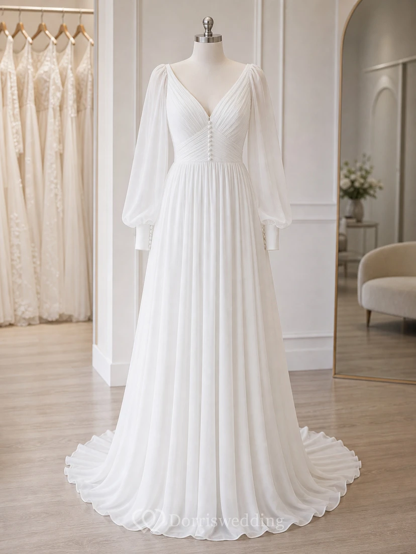 Chiffon-Hochzeitskleid mit langen Ärmeln und Puffärmeln in Übergröße im Empire-Stil view 8
