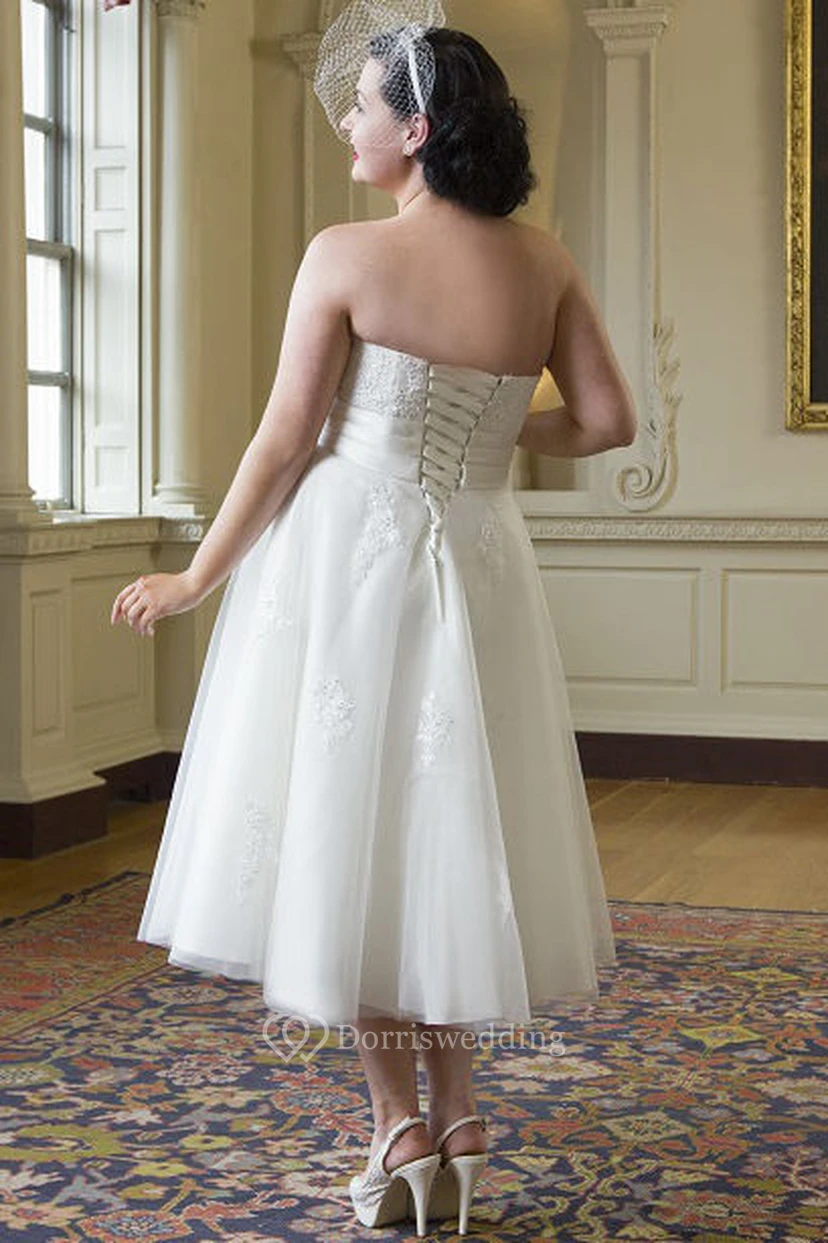 Plus Size Tea Length Lace Tulle Bridal Gown With Lace Up view 2