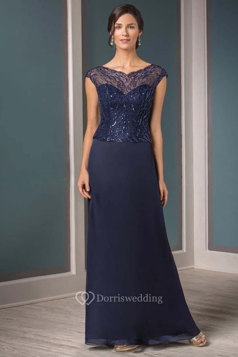 Cap-Sleeved V-Neck Mother Of The Bride Dress With Sequins And Illusion Style