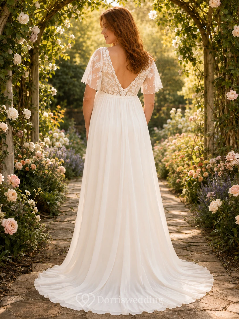 Robe de mariée de maternité à col en V et manches papillon en dentelle, robe de mariée champêtre view 2