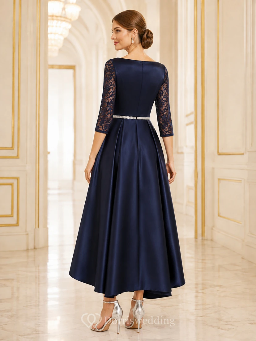 Robe de demoiselle d'honneur vintage bleu marine foncé à manches trois-quarts et dentelle illusion, style cour view 2