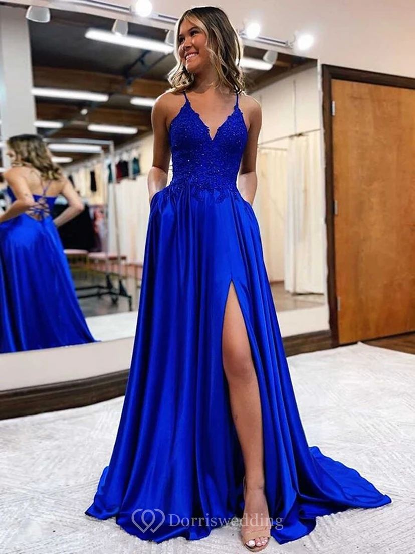 Spaghetti Navy A-line Front Split Empire Prom Dress with Lace Top