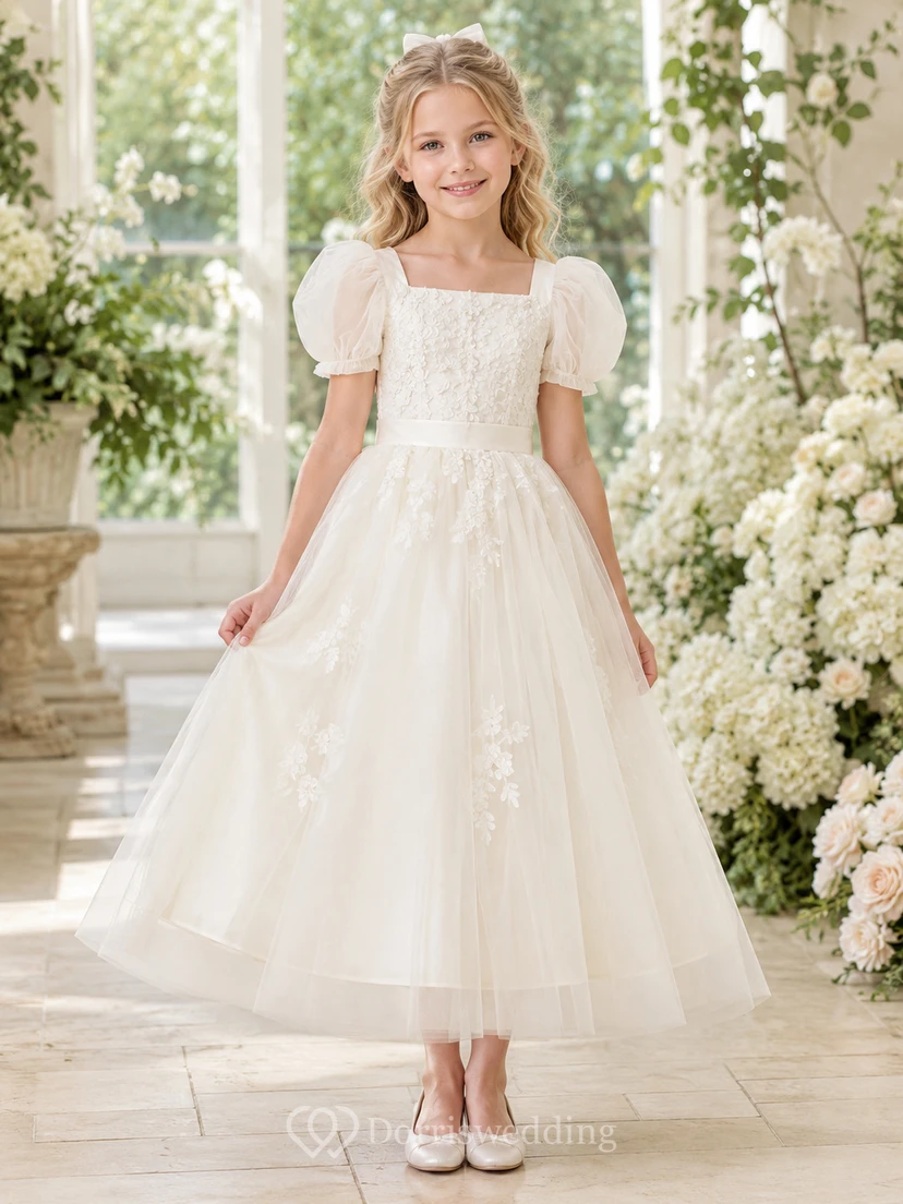 Vestido de niña de las flores para boda con lazo, cuello cuadrado, mangas abullonadas, tul y encaje floral, corte en A, largo hasta la rodilla.