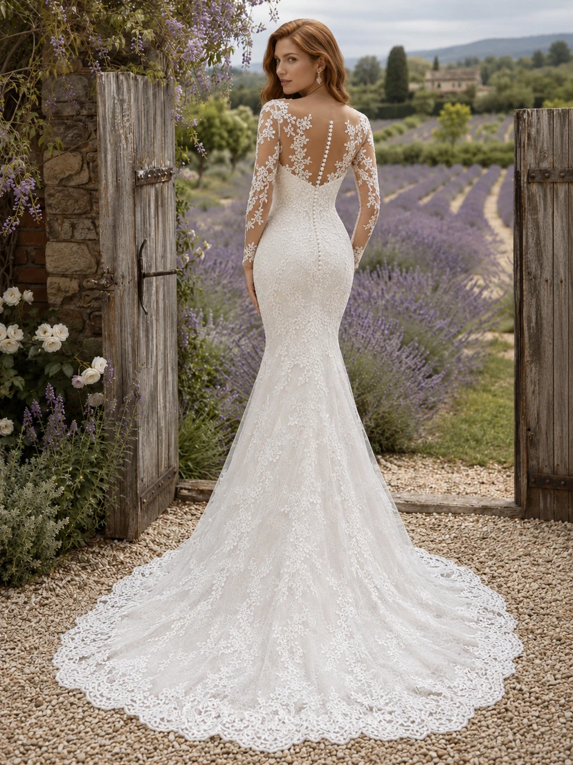 Vestido de novia de encaje estilo sirena con escote corazón, mangas largas, cola larga y espalda en V baja. view 2
