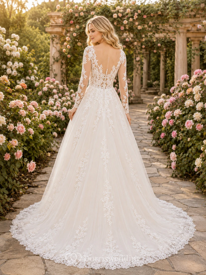 Garten-Hochzeitskleid mit langen Ärmeln, Spitze und A-Linien-Schnitt view 2