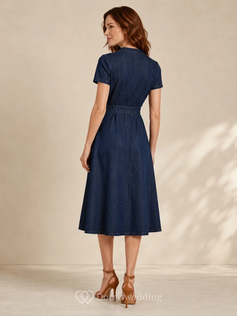 Ink Navy Casual Wrap V-Neck Short-Sleeve Denim A-Line Tea-Length Formal Dress view 2