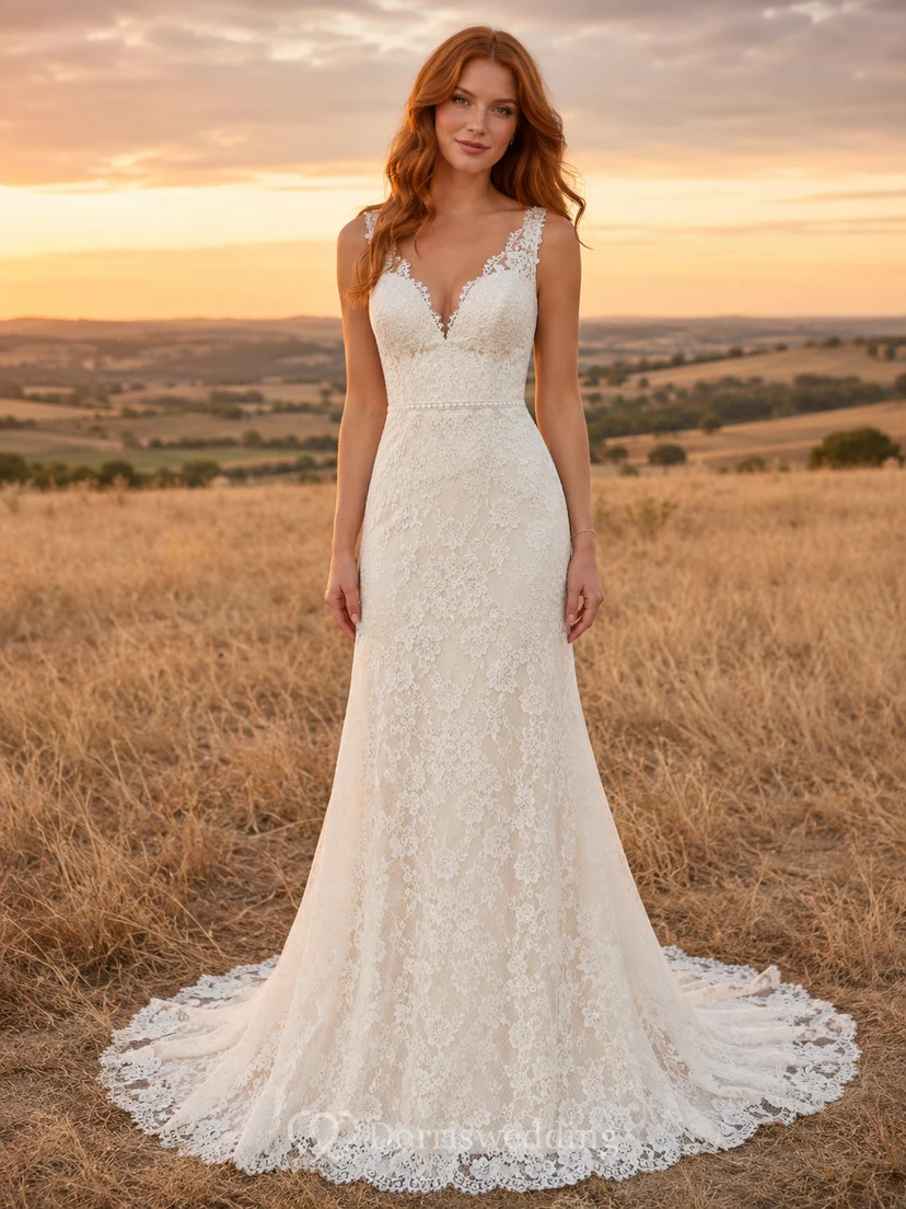 Robe de mariée champêtre en tulle et dentelle, coupe trapèze, bustier cœur, traîne, dos corset lacé