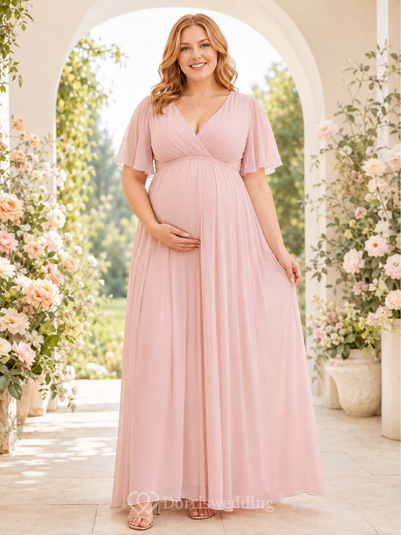 Maternity Plus Size Blush Empire V-Neck Flutter Sleeve Floor-Length Dress