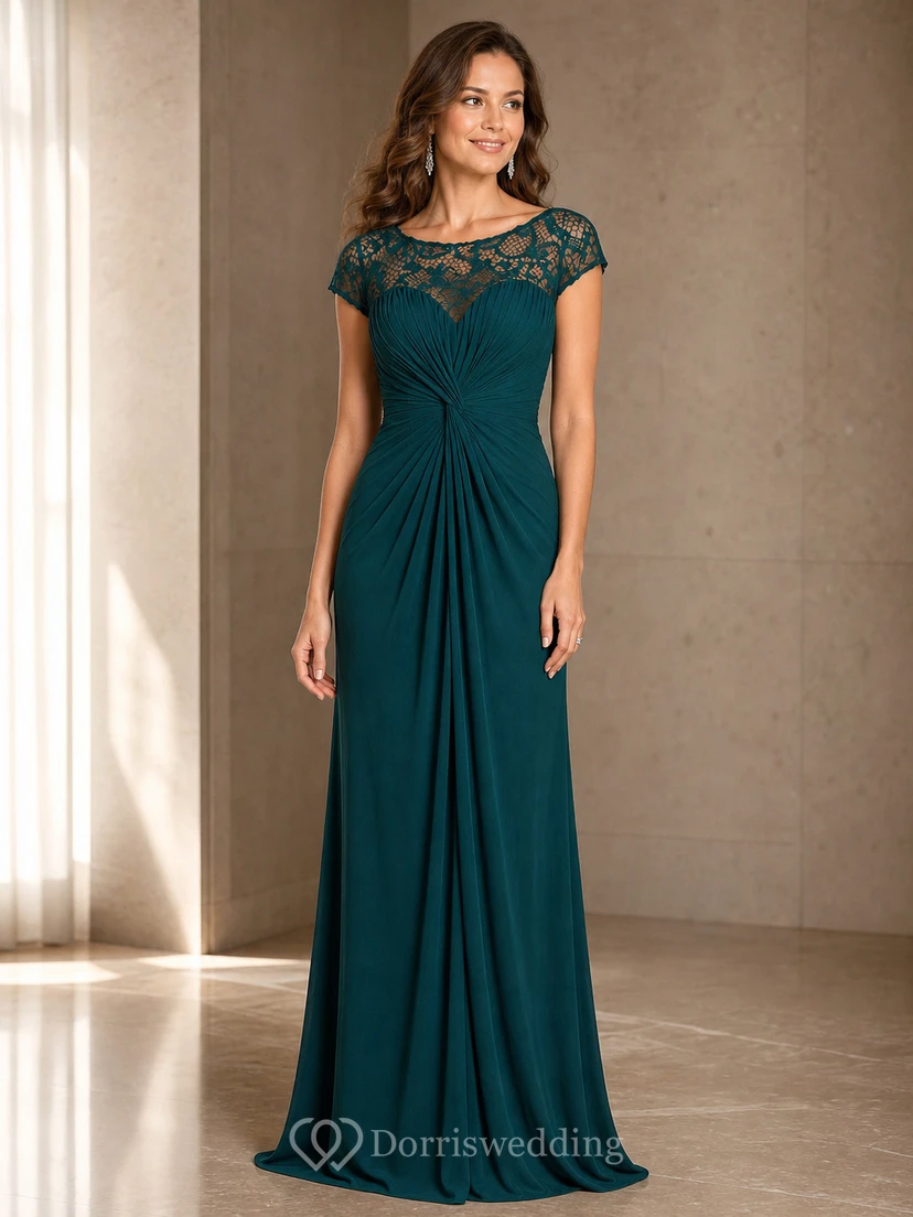 Robe longue à manches courtes froncée pour la mère de la mariée, avec encolure en dentelle illusion view 15