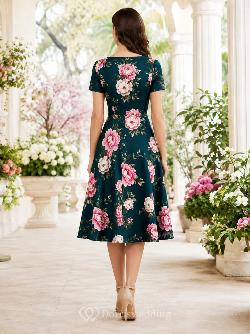 Teal floral short sleeve A-line botanical midi dress view 2