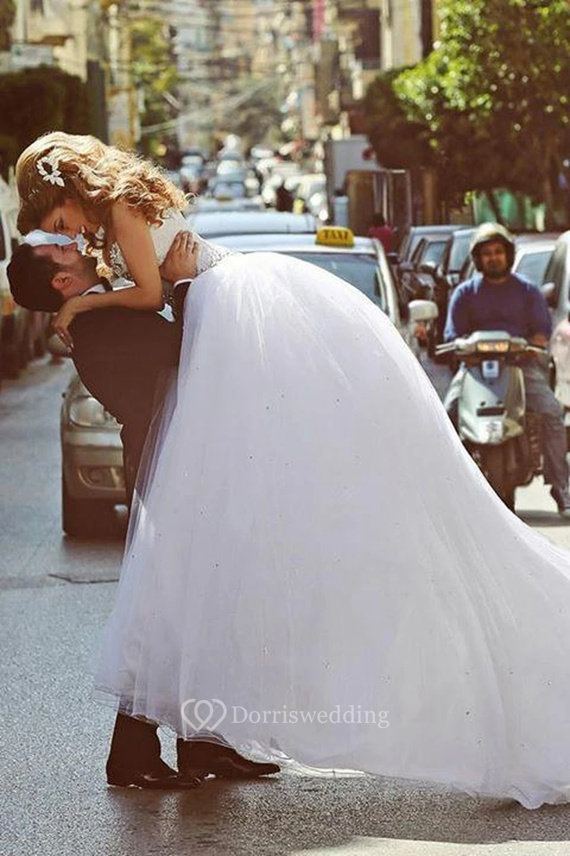 Elegant Sweetheart Sleeveless Tulle Wedding Dress Lace-up With Beadings Crystals view 5