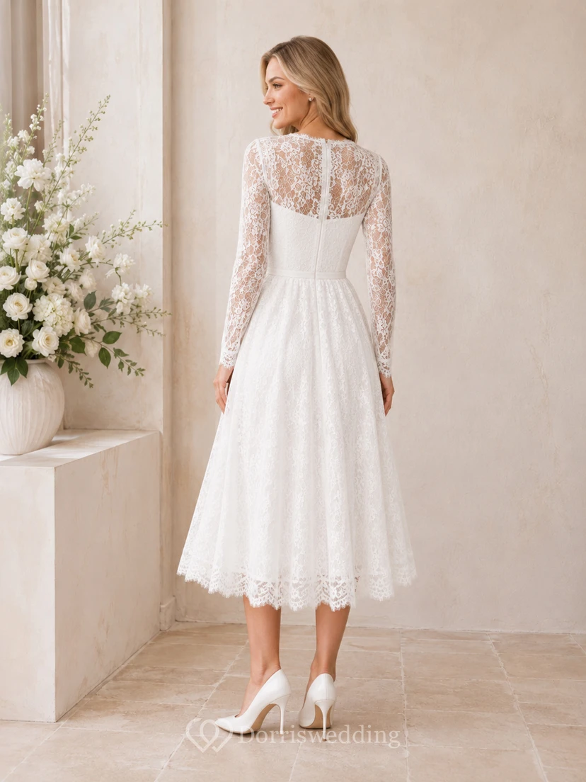 Robe de mariée mi-longue à manches longues et col en V en dentelle avec fermeture éclair illusion view 2