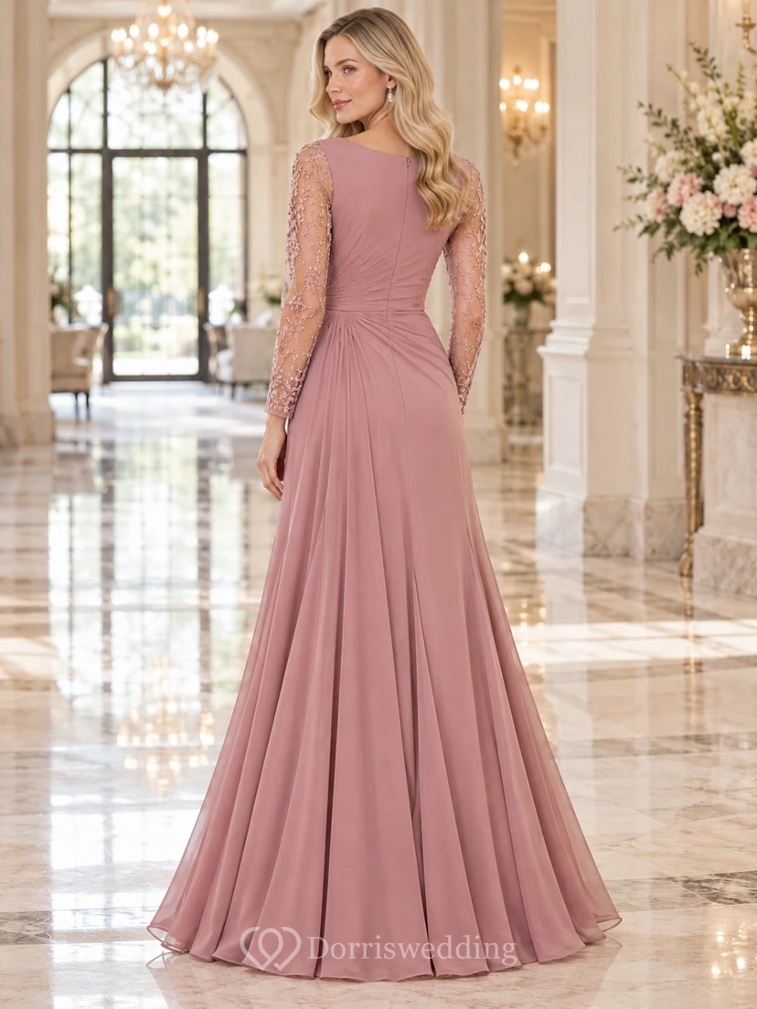 Dusty Rose Boat Neck Lace Long Sleeve Ruched Formal Gown view 2