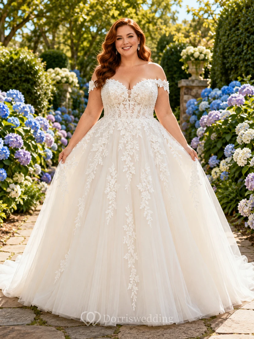 Plus Size schulterfreies Spitzen-Ballkleid im Gartenstil