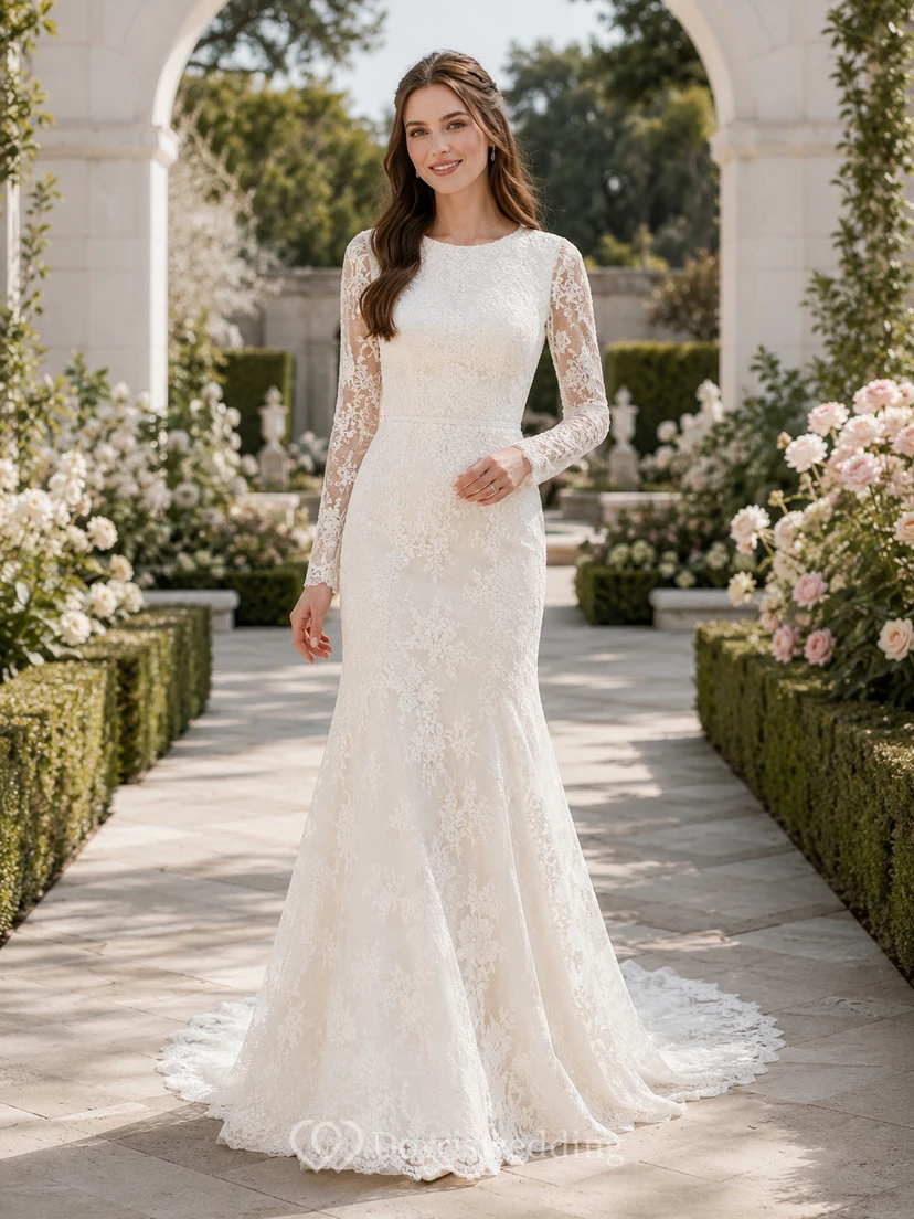 Vintage LDS Bateau Long Sleeve Allover Lace Mermaid Sweep Train Wedding Dress
