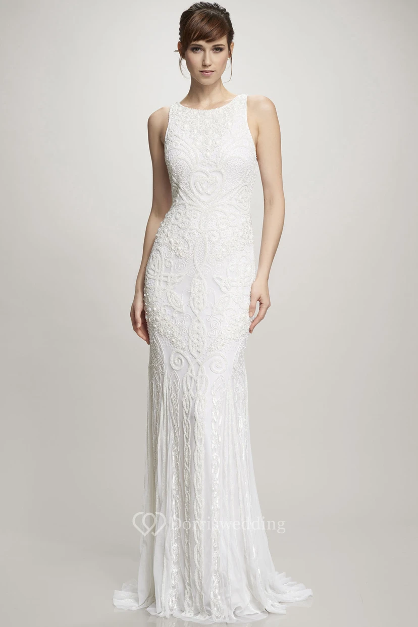 Floor-Length Scoop Lace Wedding Dress With Brush Train And V Back