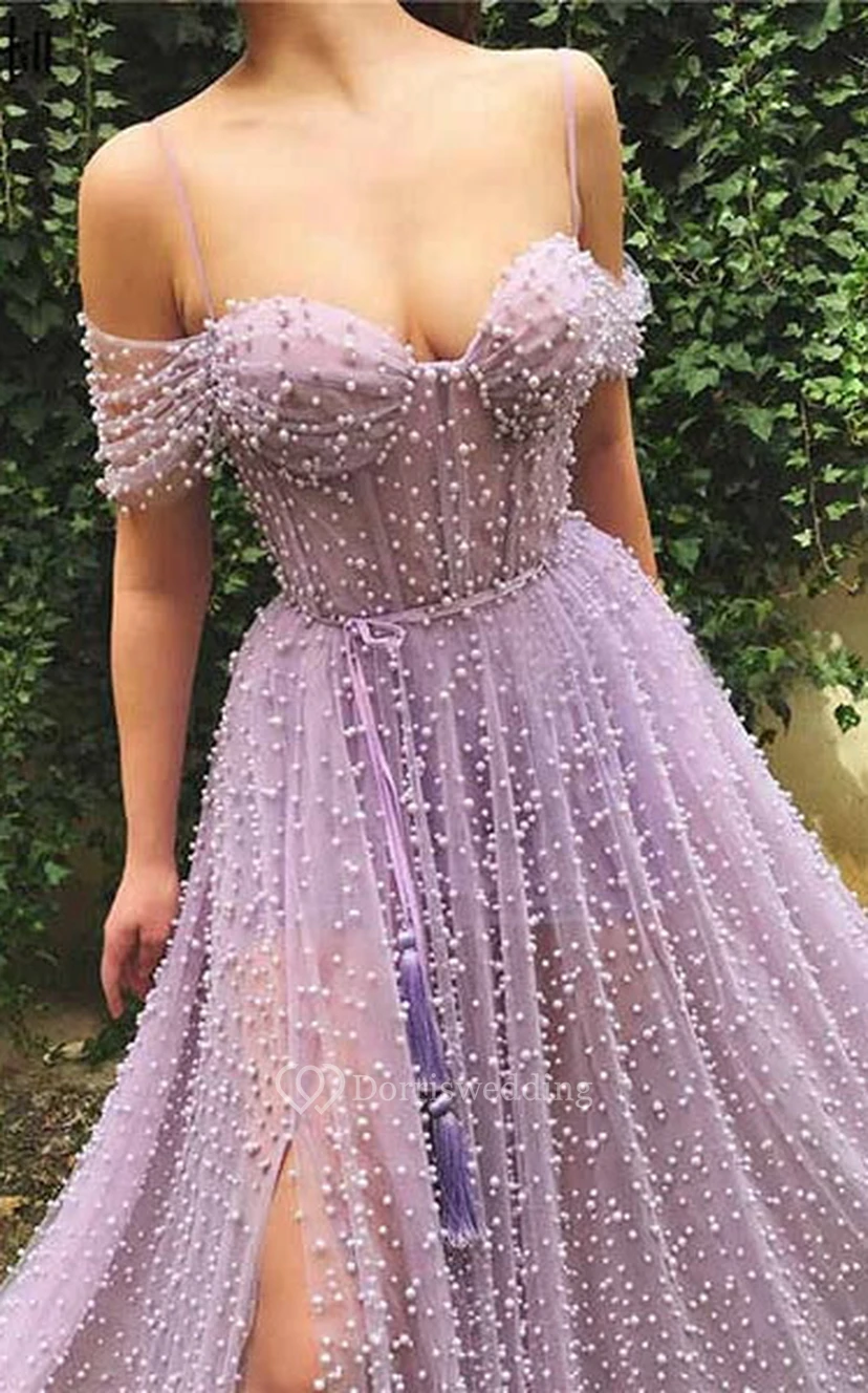 Off-the-shoulder Empire A-line Front Split Illusion Prom Dress with Crystal Detailings view 2