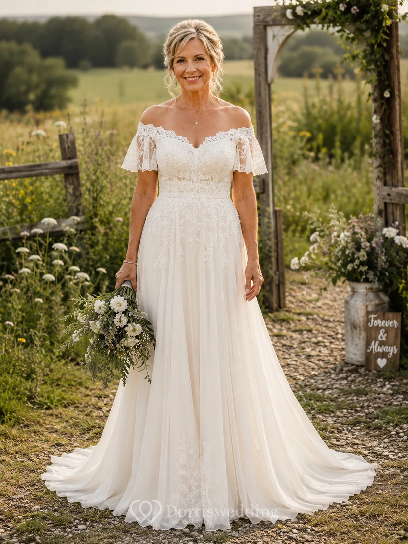 Robe de mariée trapèze en dentelle à épaules dénudées et manches papillon pour mariées plus âgées