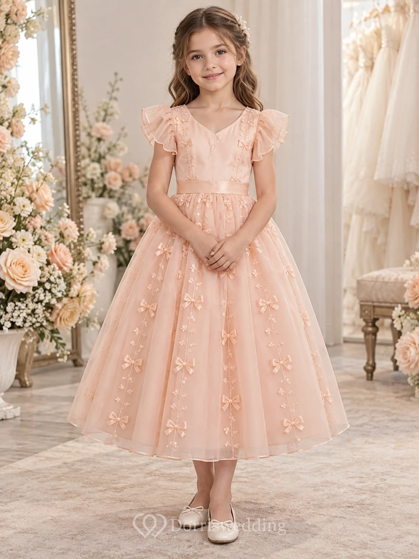 Tea-length Peach V-neck Ruffle Sleeve Ribbon Bow Organza Flower Girl Dress