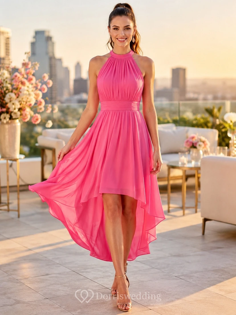 Vestido de cóctel de boda moderno de gasa fucsia con escote halter y corte en A asimétrico