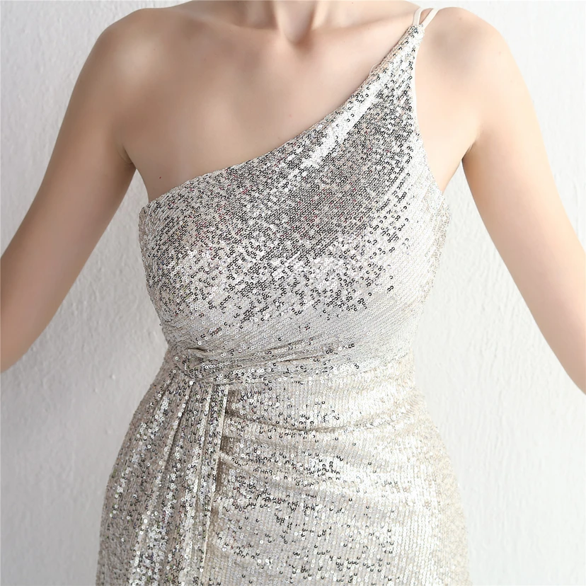 Sequined One-Shoulder Celebrity Cold Banquet Slit Long Sequin Aura Queen Dinner Fishtail Dress view 43