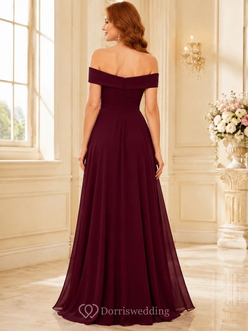 Elegant Burgundy Off-the-shoulder Long Sleeve Tulle Ball Gown Dress view 2