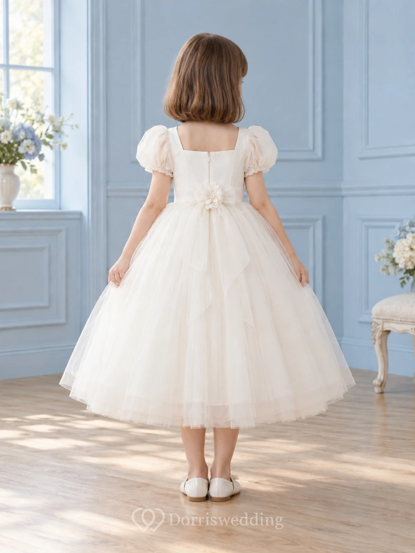 Modest Square Neck Tea-length Ivory Puff Sleeve Floral Tulle Flower Girl Dress view 2