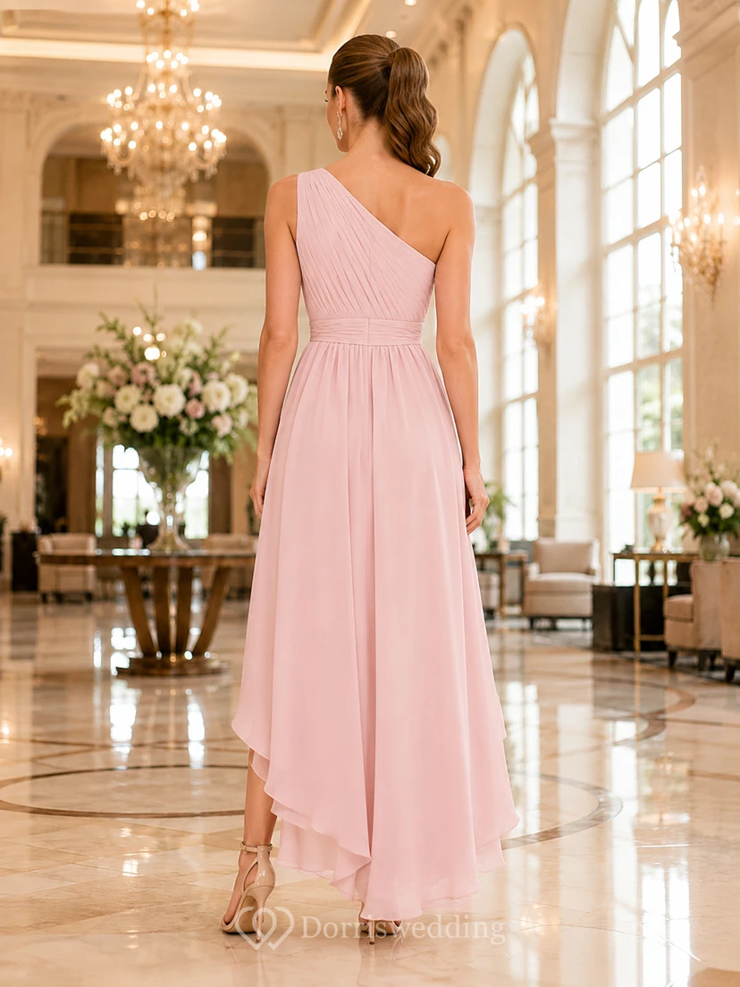 Blush Pink One Shoulder Chiffon High Low A Line Occasion Dress view 2