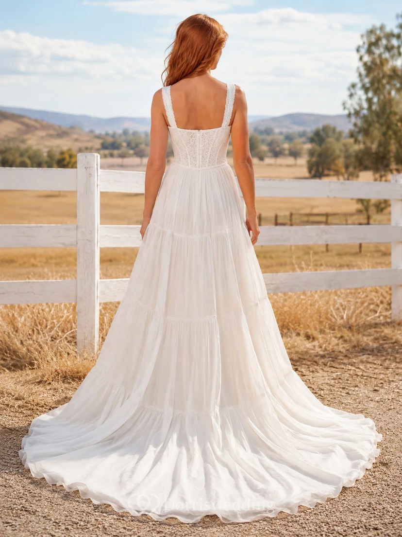 Country Tulle Wedding Dress A-Line Spaghetti Strap Chapel Train Bridal Gown view 2