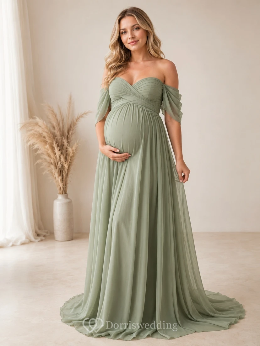 Robe de maternité romantique Sage Guest, coupe trapèze, épaules dénudées, manches courtes, en mousseline, longueur au sol