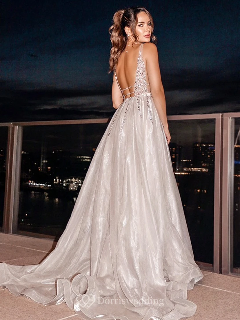 Sexy Sleeveless Silver Empire Prom Low-v Back Dress with Beaded Top view 2