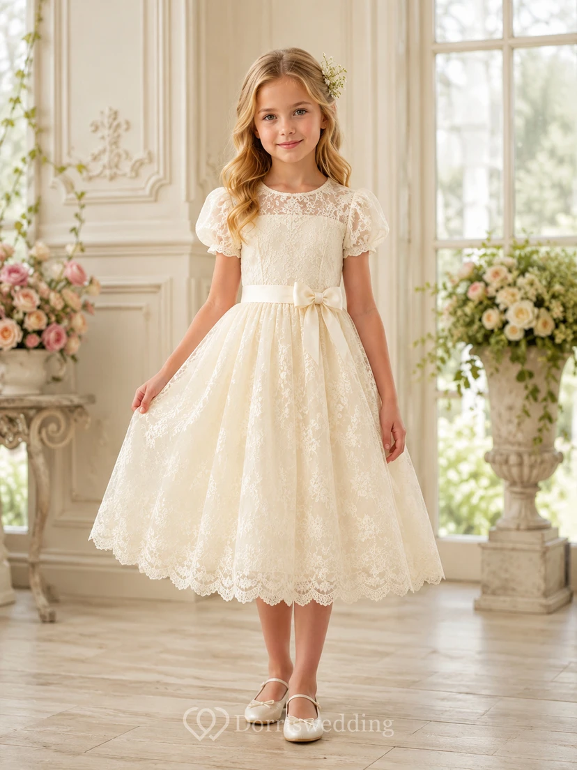 Vintage Blumenmädchenkleid in A-Linie mit Spitze, Rundhalsausschnitt, Puffärmeln, Muschelsaum und Schleife, teelang