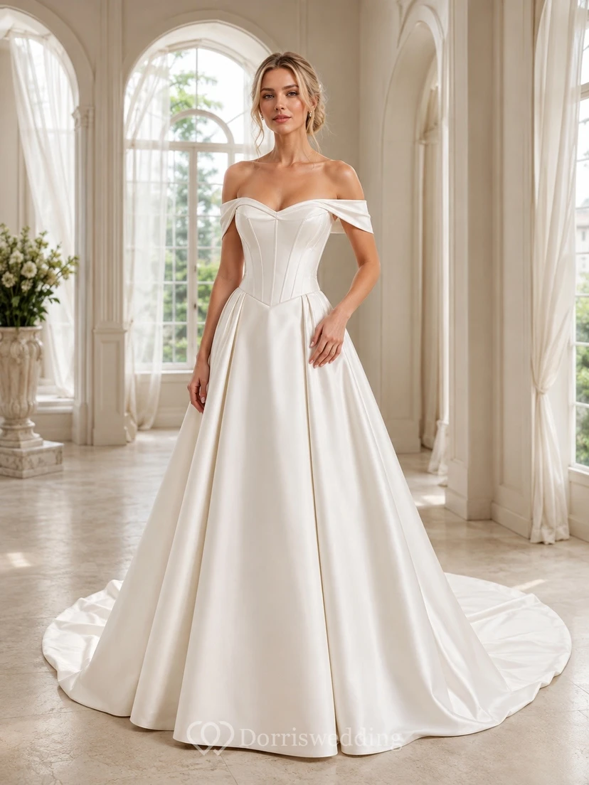 Vestido de novia sencillo estilo vasco con escote Bardot y cintura descubierta
