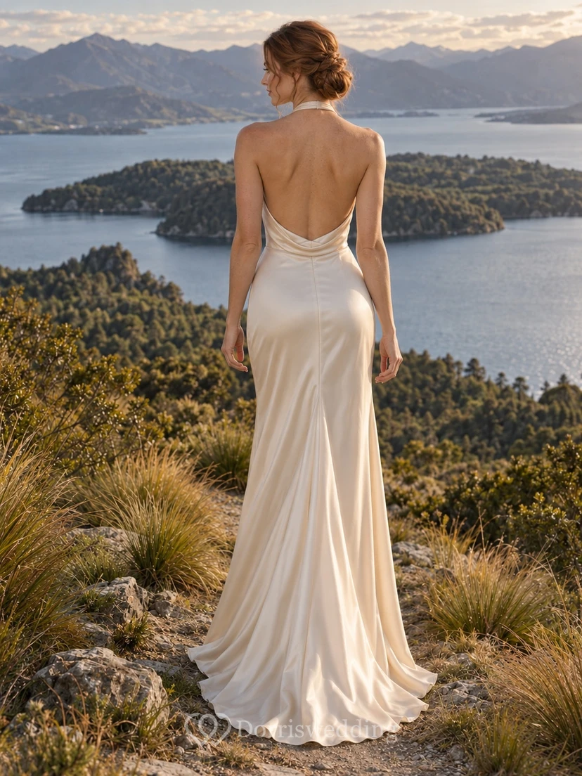 Schlichtes champagnerfarbenes Brautkleid aus Satin mit Neckholder und Wasserfallausschnitt, rückenfrei view 2