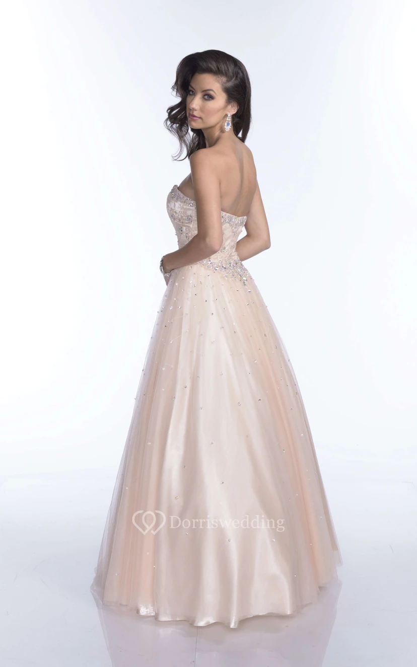 Sophisticated A-Line Tulle Sleeveless Sweetheart Prom Dress With Shining Rhinestones And Sequins view 2