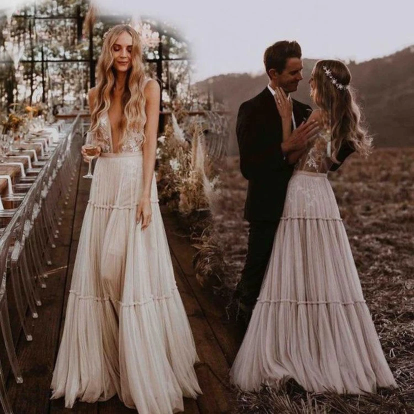 Robe de mariée bohème à décolleté plongeant, sans manches, empire, en tulle superposé et dentelle plissée view 7