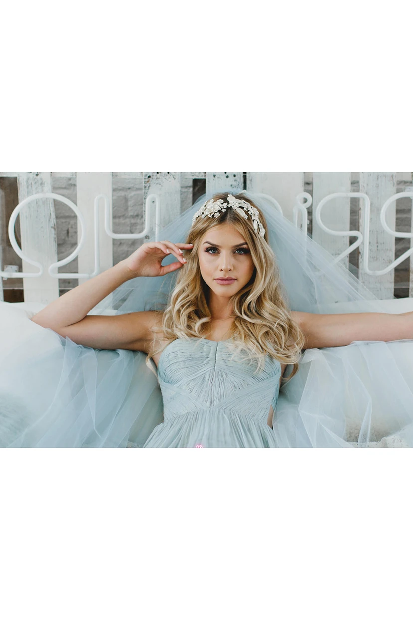 Bridal Veil Light Blue Extra Long Trailing Simple Wedding Veil Ocean Blue