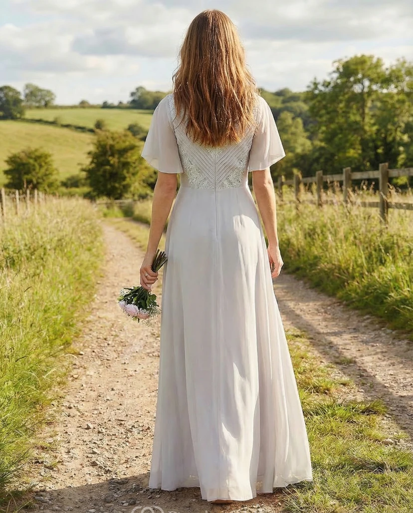 Poet Sleeve Ruched V-Neck Chiffon Gown view 2