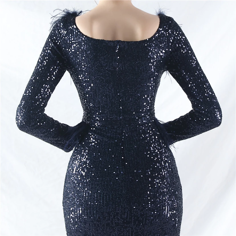 Craft-Made Ostrich Feather Long-Sleeved Beads Evening Dress view 73