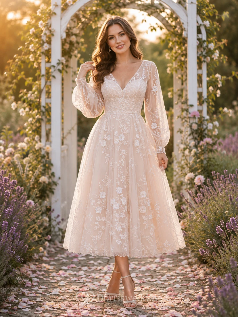 Blush Vintage Lace Long Sleeve Tea Length Garden Wedding Dress
