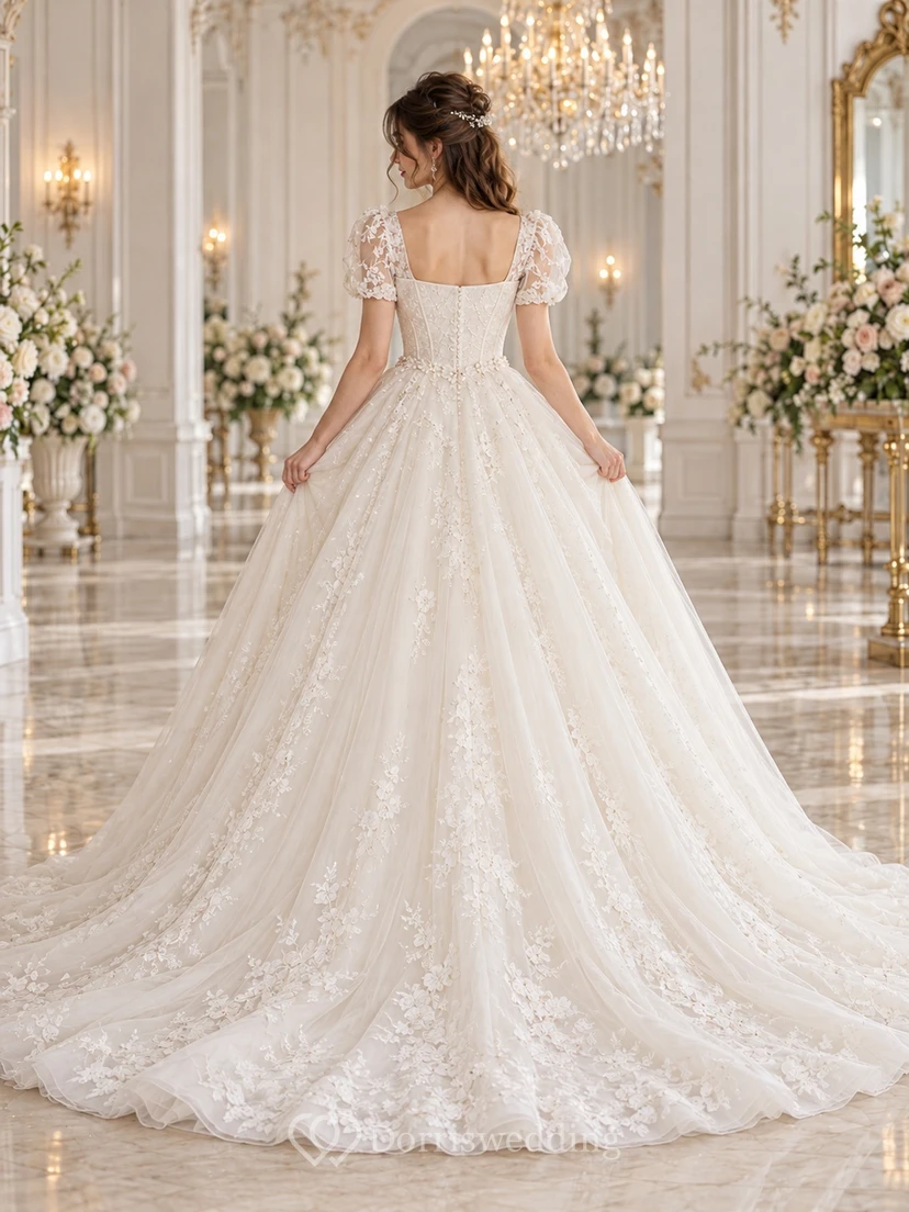 Modest Square Neck Puff Sleeve Tulle Ball Gown Wedding Dress view 2