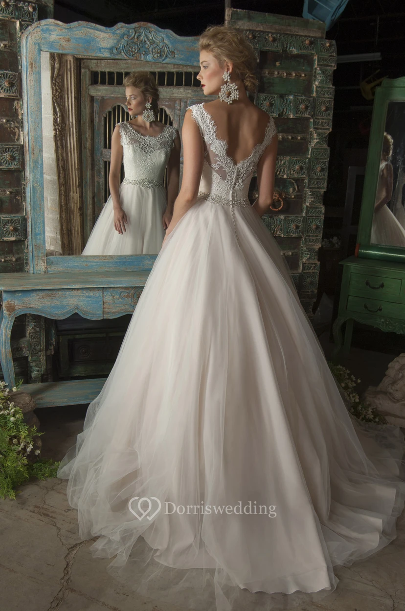 Ball Gown Sleeveless V-Neck Appliqued Tulle Wedding Dress With Brush Train view 2