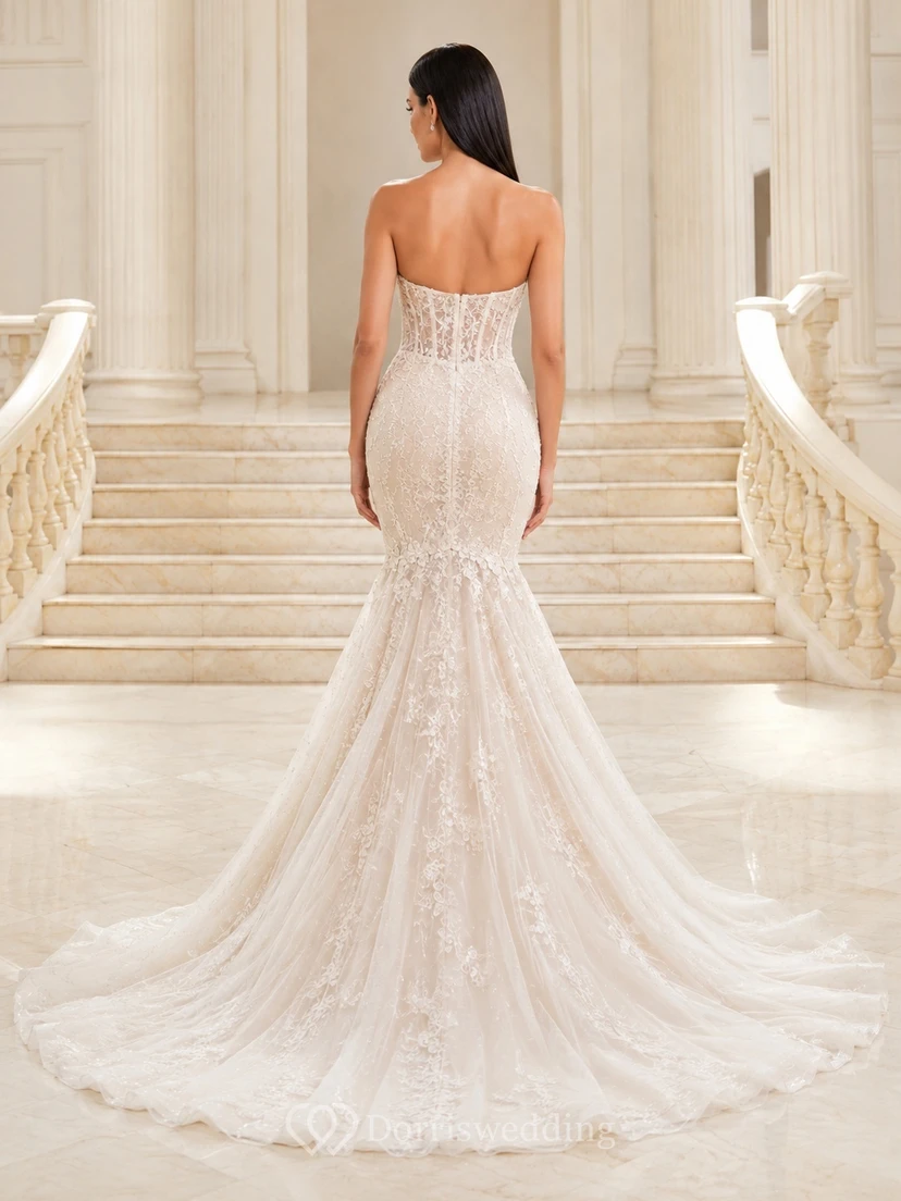 Strapless Sweetheart Lace Applique Corset Mermaid Chapel Train Luxury Wedding Dress view 2