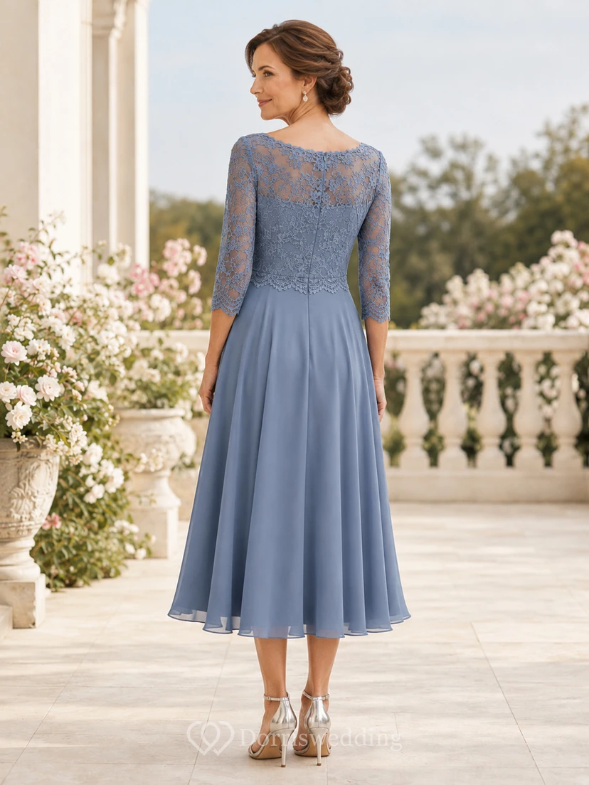 Stahlblaues, schlichtes, teelanges A-Linien-Chiffonkleid für die Mutter der Braut mit dreiviertellangen Ärmeln aus Muschelspitze view 2